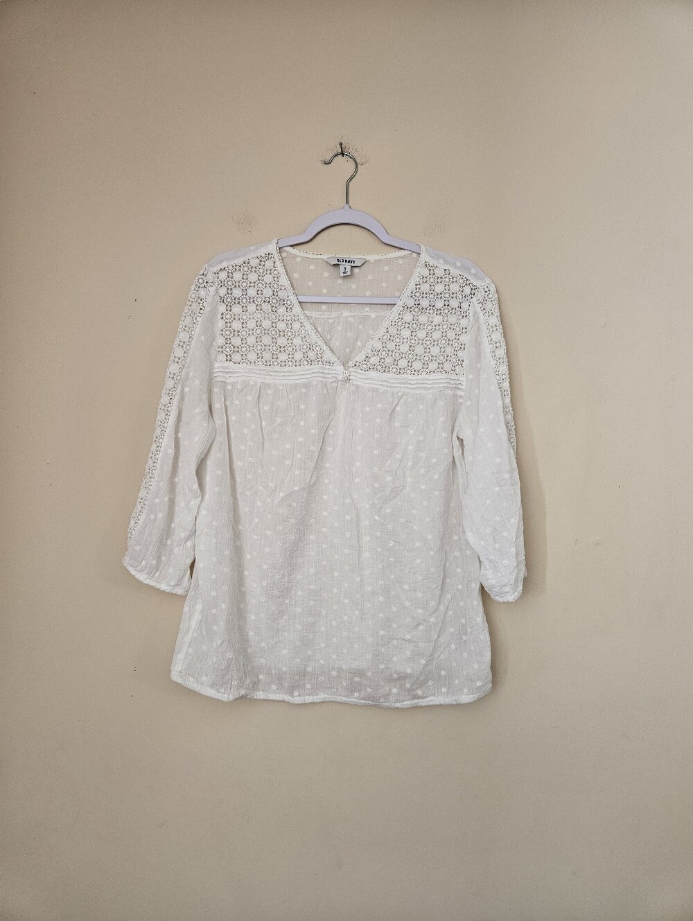 Old Navy White Crochet Yoke Peasant Blouse, Size XL